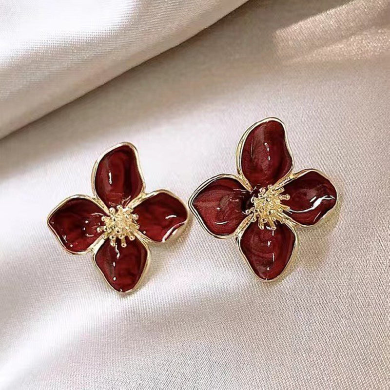 Hibiscus Dropped Glaze Flower Stud Earrings for Women Girl French Ins Vintage 2024 Fashion Korean Wedding Romantic Jewelry Gifts