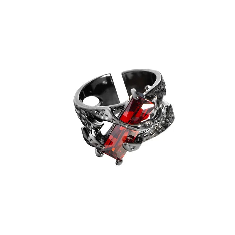 2024 New Punk Black Rings Thorns Vine Twine Red Rhinestones Hollow Unsex Couple Finger Ring Women Men Jewelry Gift