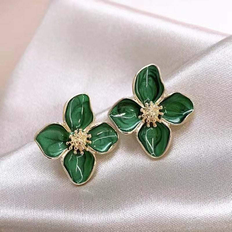 Hibiscus Dropped Glaze Flower Stud Earrings for Women Girl French Ins Vintage 2024 Fashion Korean Wedding Romantic Jewelry Gifts